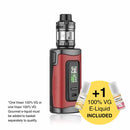 Red and black vape device with a yellow label indicating free e-liquid included, on a white background.