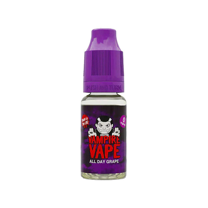 Vampire Vape All Day Grape vape juice bottle with purple cap on a white background