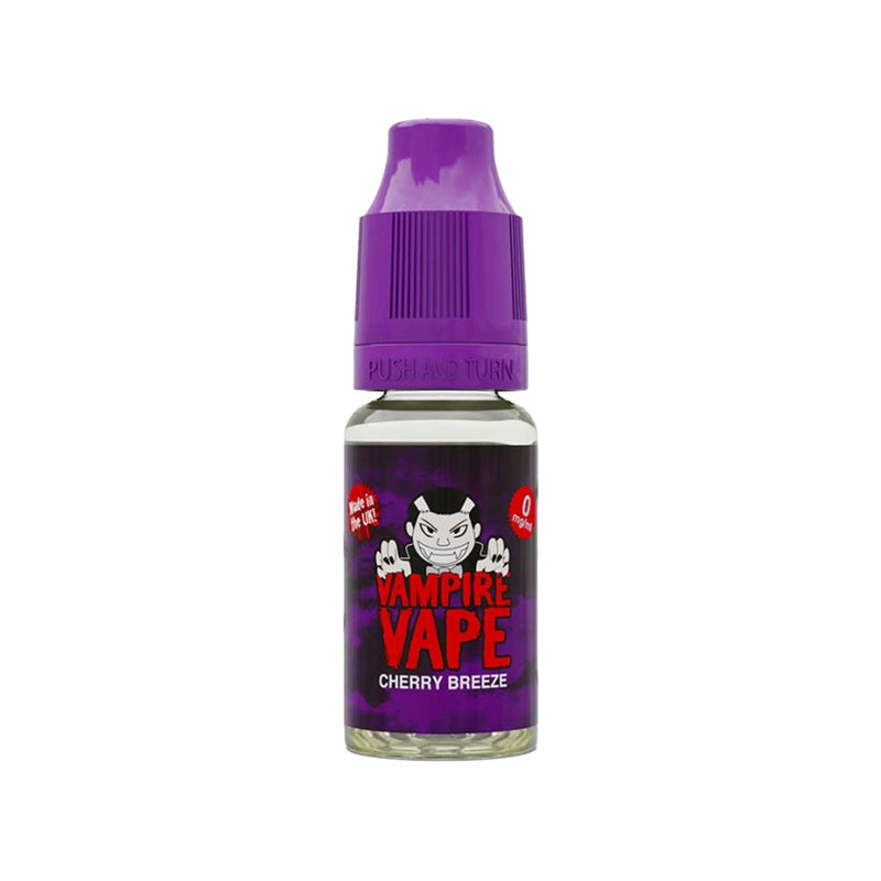 Vampire Vape Cherry Breeze e-liquid bottle with purple cap on a white background