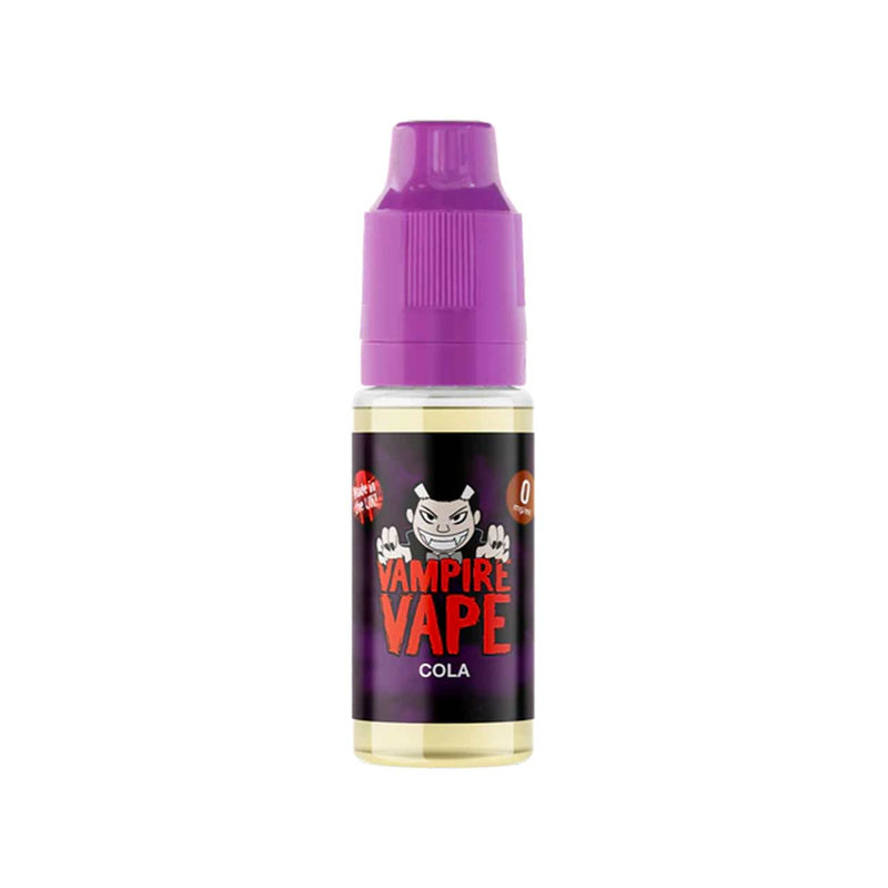 Vampire Vape Cola e-liquid bottle with purple cap on a white background