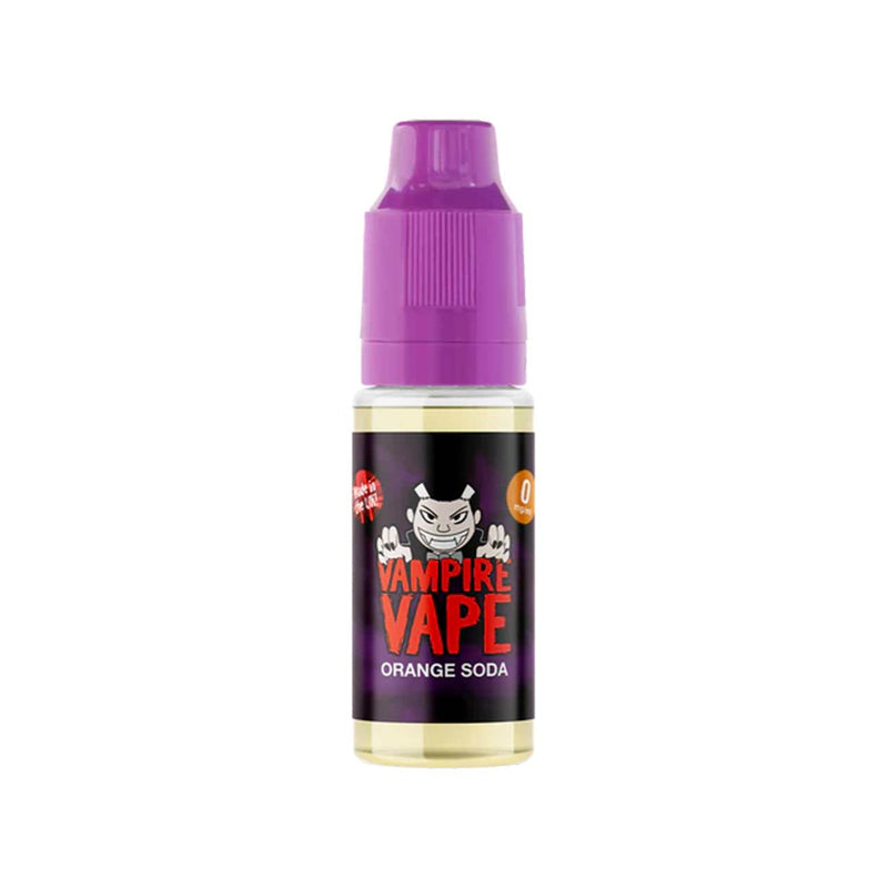 Vampire Vape Orange Soda e-liquid bottle with purple cap on a white background