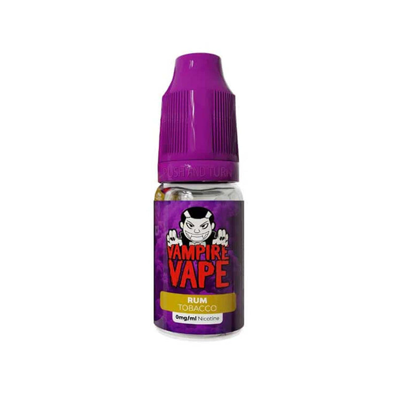 Vampire Vape Rum Tobacco e-liquid bottle with purple cap on a white background