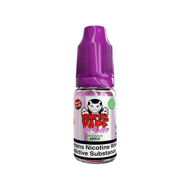 Vampire Vape Pinkman Apple vape juice bottle with purple cap on a white background