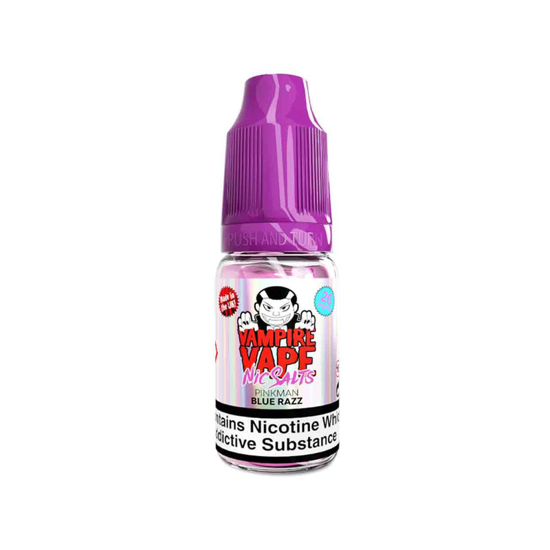 Vampire Vape Pinkman Blue Razz vape juice bottle with purple cap on a white background