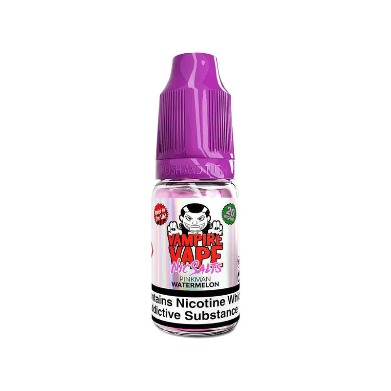 Vampire Vape Pinkman Watermelon vape juice bottle with purple cap on a white background