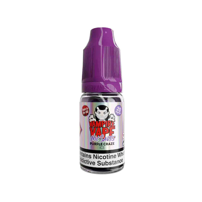 Vampire Vape purple craze e-liquid bottle with purple cap on a white background