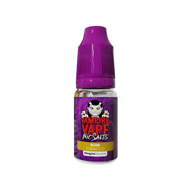 Vampire Vape rum tobacco e-liquid bottle with purple cap on a white background