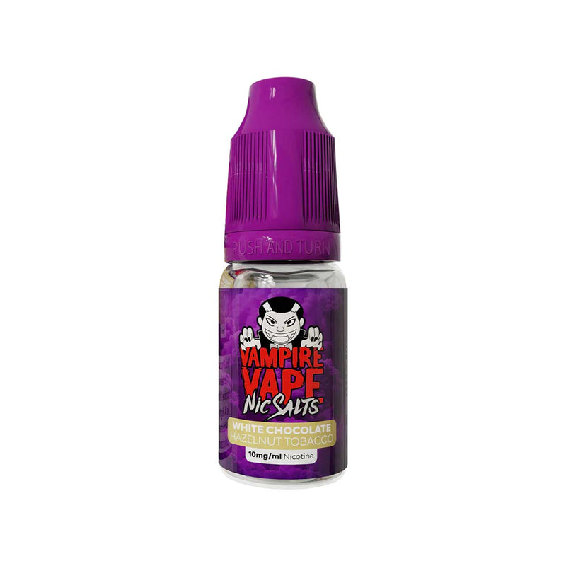 Vampire Vape White Chocolate Hazelnut Tobacco Nic Salts bottle with purple cap and label on a white background