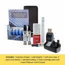Collection of vaping products including a box, cartridges, and accessories by Vsavi on a white background.