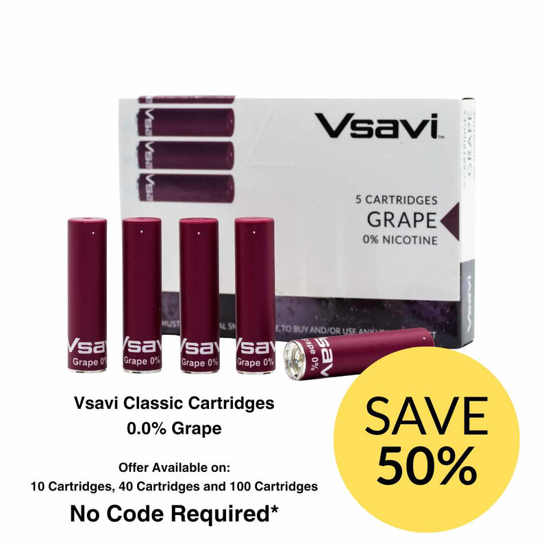 Vsavi grape cartridges with a discount offer on a white background
